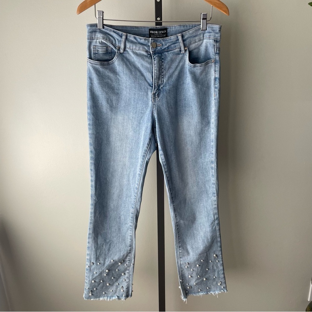 Frank Lyman Pearl Rhinestone Embellished Light Wash Denim Jeans Size Medium